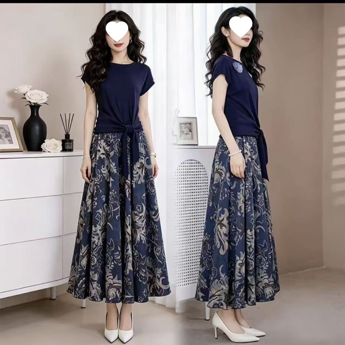 Middle-aged mother's 2026 summer new style short-sleeved T-shirt with printed large skirt, slimming and belly-covering two-piece set