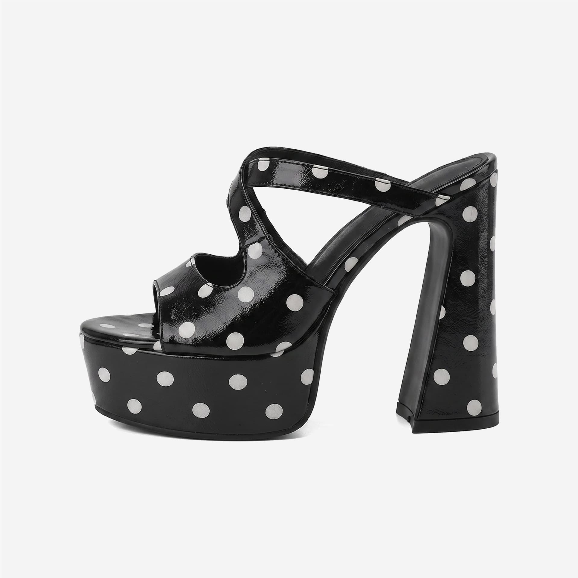 2026 New Black and White Polka Dot Patent Leather Chunky Heel Slides, Square Toe Platform, Edgy Style Casual Sandals