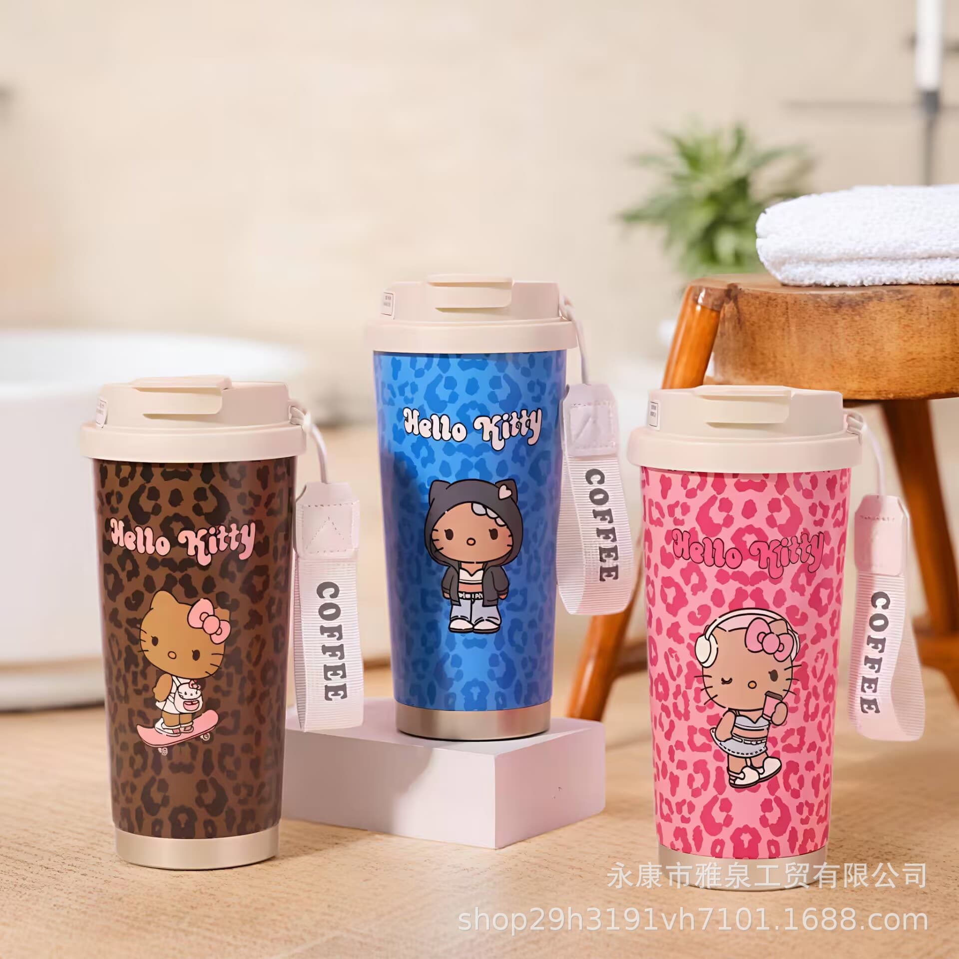 New Leopard Print Cute Hello Kitty Water Cup Portable with Dual Drinking Spout Coffee Straw Cup Large Capacity Insulated Mug