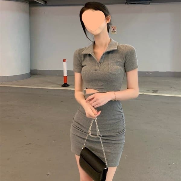 Designed lapel button short-sleeved dress niche pleated spring wear hollow waist exposed black hip-covering short skirt for women