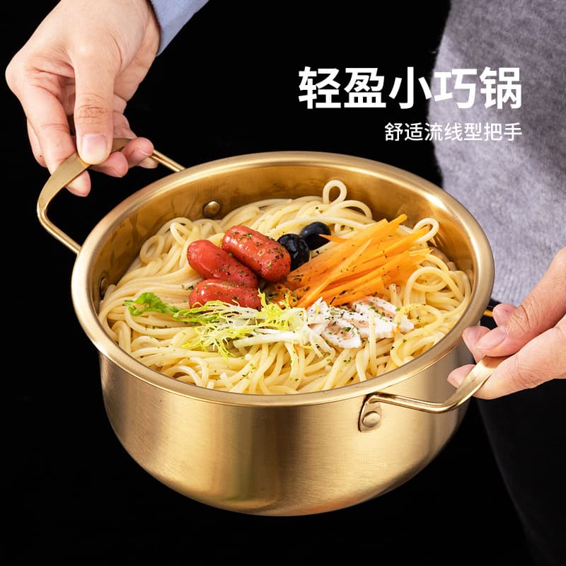 Cross-border Korean Instant Noodle Pot Stainless Steel Ramen Pot with Lid and Chopsticks/Spoon Viral Gold Small Hot Pot Double-handled Soup Pot