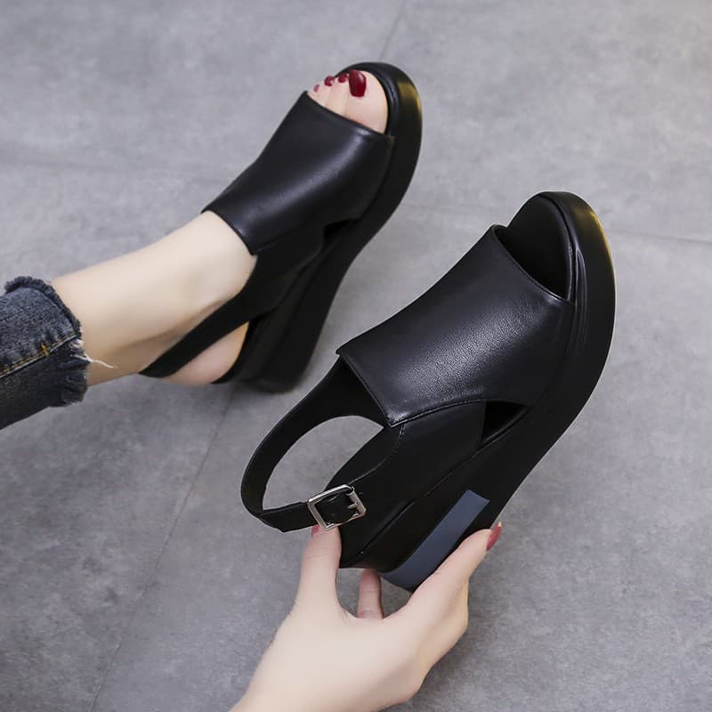 Women's Thick Platform Wedge Sandals 2021 New Summer High Heel Peep-Toe Shoes Soft Leather Elevated Chunky Heels