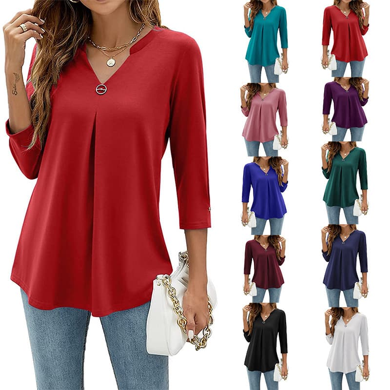 European and American 2022 Cross-Border Autumn Winter Amazon Three-Quarter Sleeve Solid Color V-Neck Button Pleated T-Shirt Tops for Women