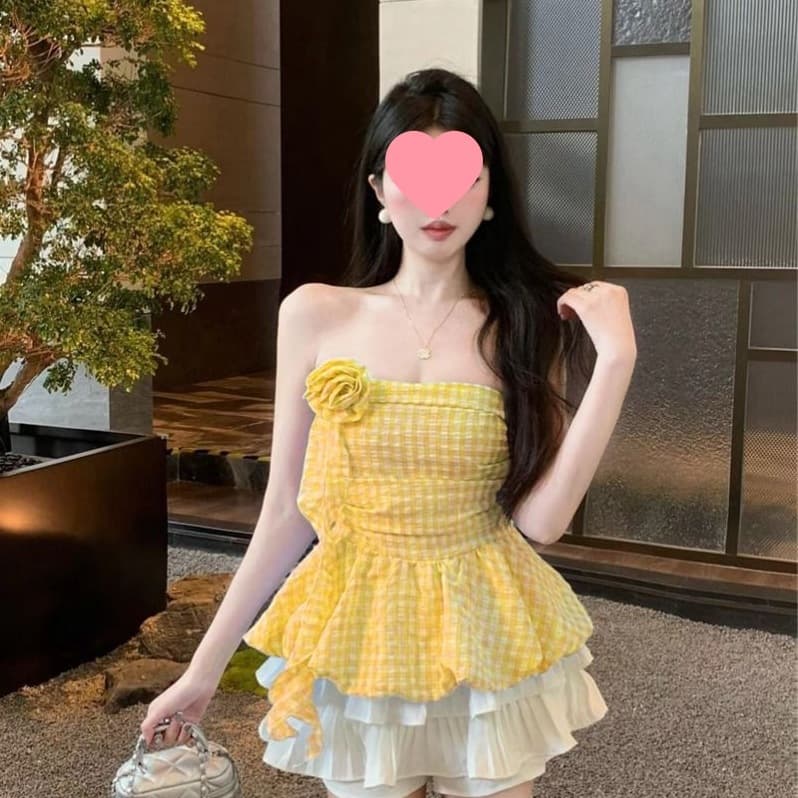 French Sweet Age-Reducing Plaid Flower Bud Tube Top Women's New Summer Slim-Fitting Chest-Wrapped Short Top