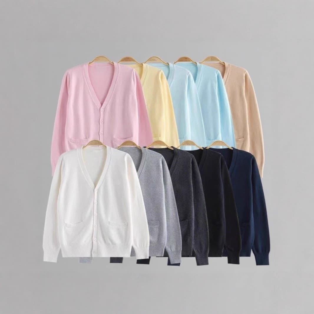 Student JK uniform long-sleeved knitwear, solid color basic cardigan sweater, V-neck knitwear, comfortable for commuting.