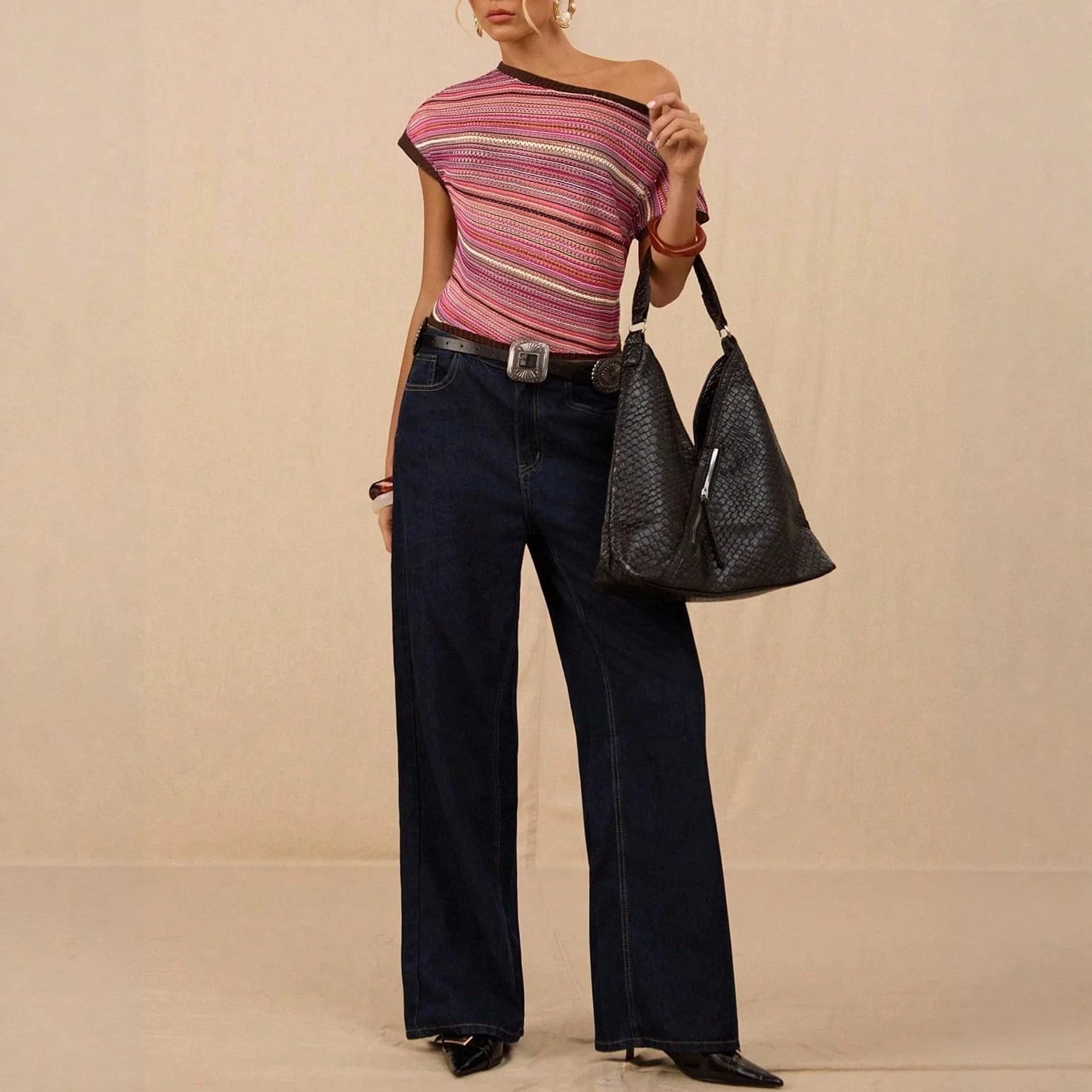 Slant neck contrasting short sleeved top