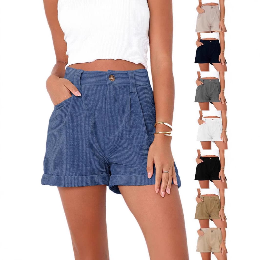 2025 Spring/Summer European and American New Arrivals Amazon Cross-Border Women's Casual Pants High-Waisted Solid Color Corduroy Loose Shorts