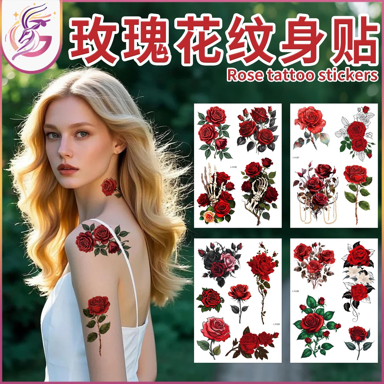 Vibrant Blood Red Rose Tattoo with Thorns and Skull for Night Party Dance Horror Temporary Tattoo
