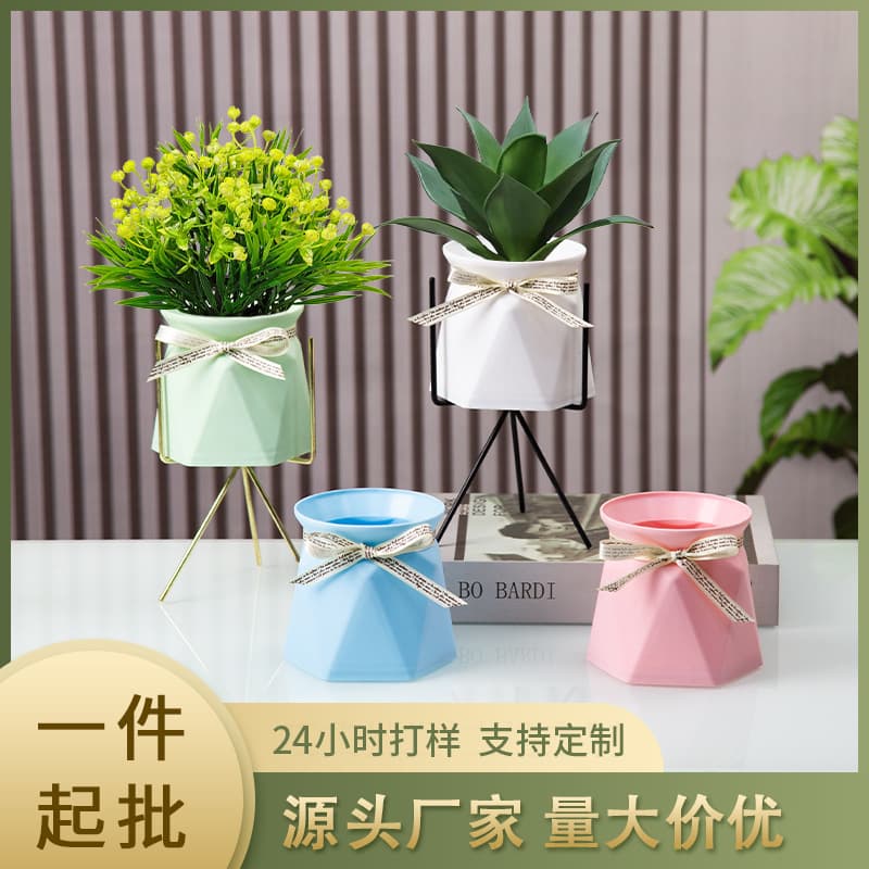 Matte Finish PP Plastic Flower Pot Ceramic Style Desktop Decoration Assorted Artificial Flower Vase Succulent Planter