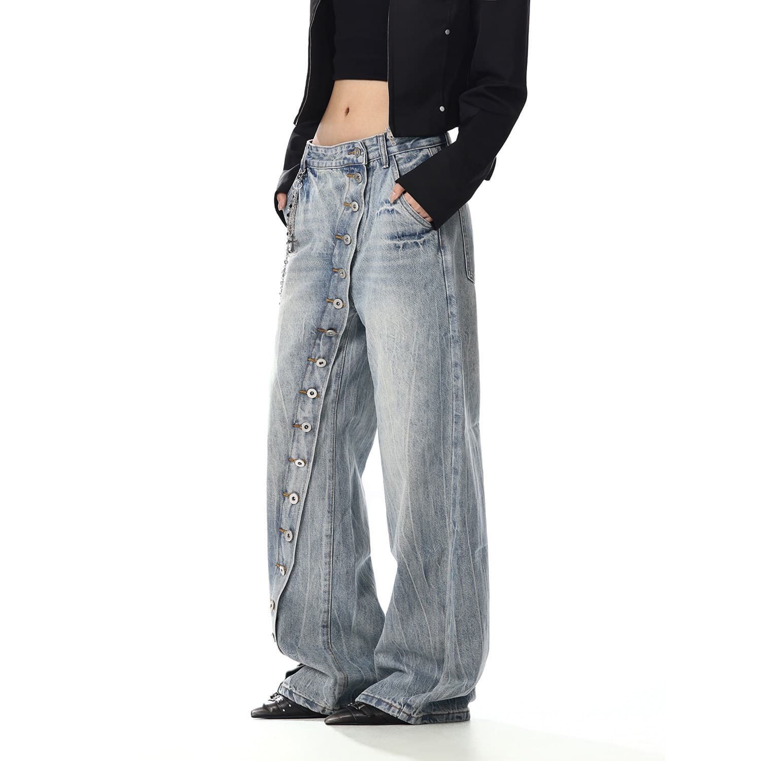 American Vintage Washed Asymmetrical Button Straight-Leg Jeans for Women, Designer Loose Casual Wide-Leg Pants, Versatile