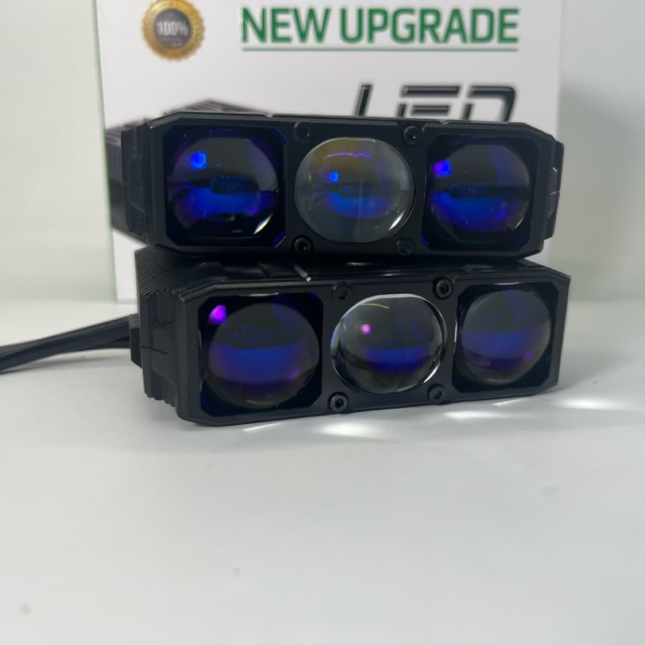 Car Grille Light Triple Lens Blue Film LED Spotlight Motorcycle Headlight High/Low Beam Waterproof Dual Color