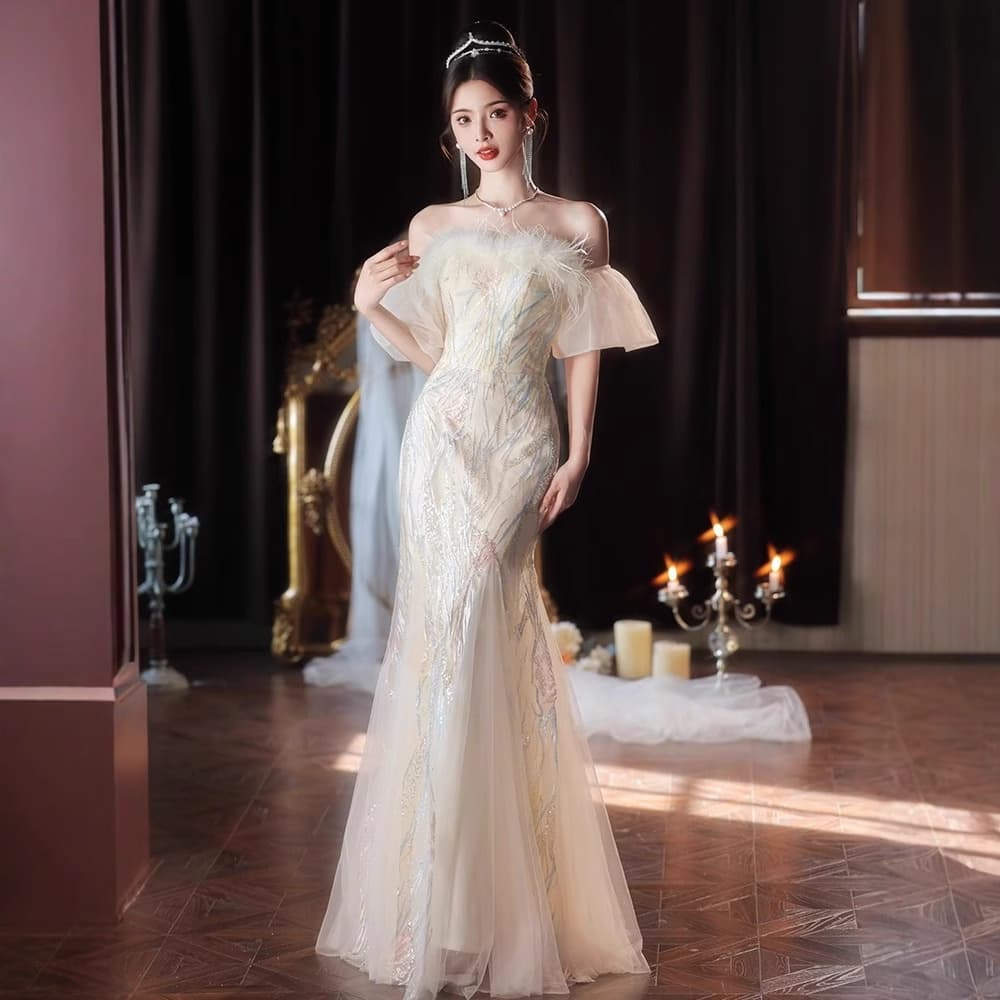 One-Shoulder Evening Gown Women Luxury Niche High-End Banquet Host New High-End Mermaid Dress