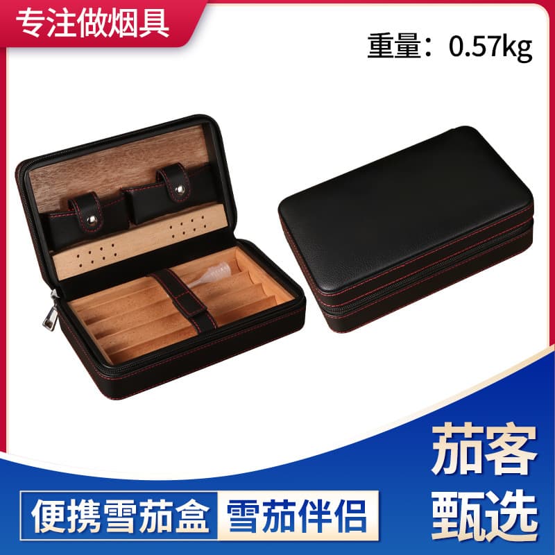 Foteng New PU Leather Six-Cigar Cedar Wood Humidor Case Creative Leather Cigar Sleeve with Thermometer Leather Bag