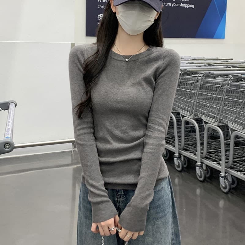 Early Autumn Thin Pure Cotton Inner Layer Slim True Shoulder Round Neck Can Be Worn Out Long-Sleeve Base Layer T-Shirt Top Women's Autumn/Winter Outfit