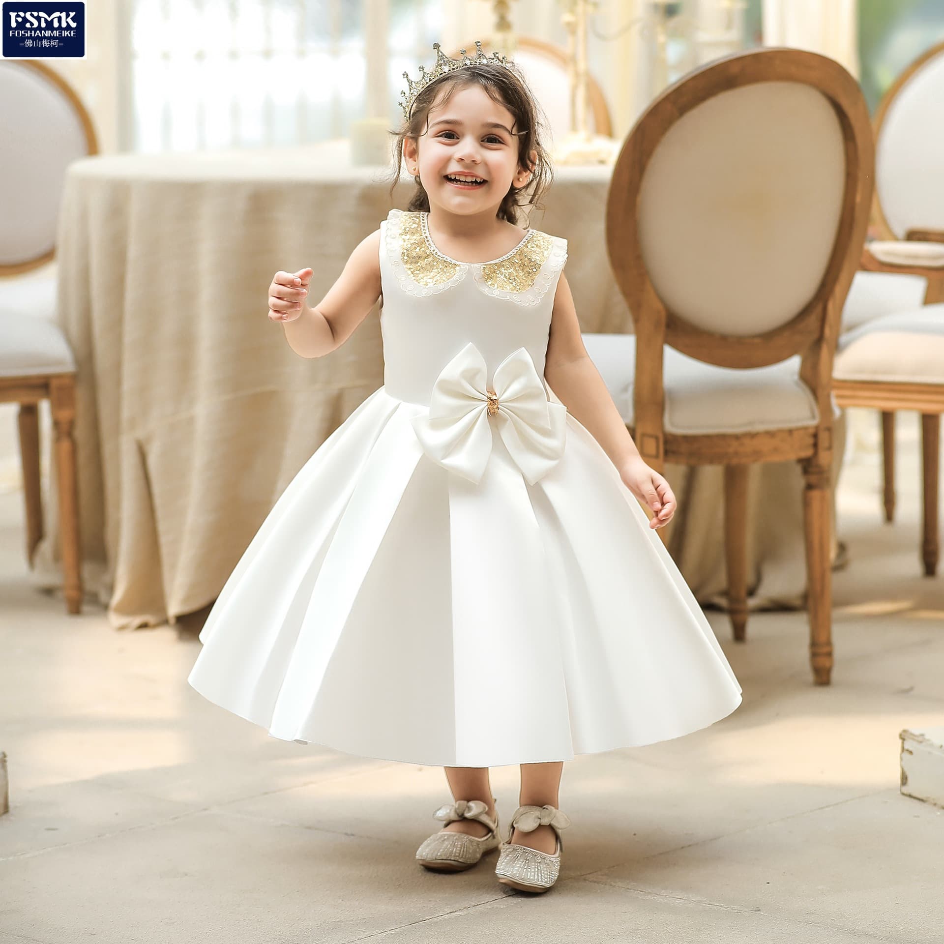 2026 New European and American Style Children's Formal Dress Princess Dress Satin Doll Collar Sequins Baby First Birthday Dress Children's Wedding Dress