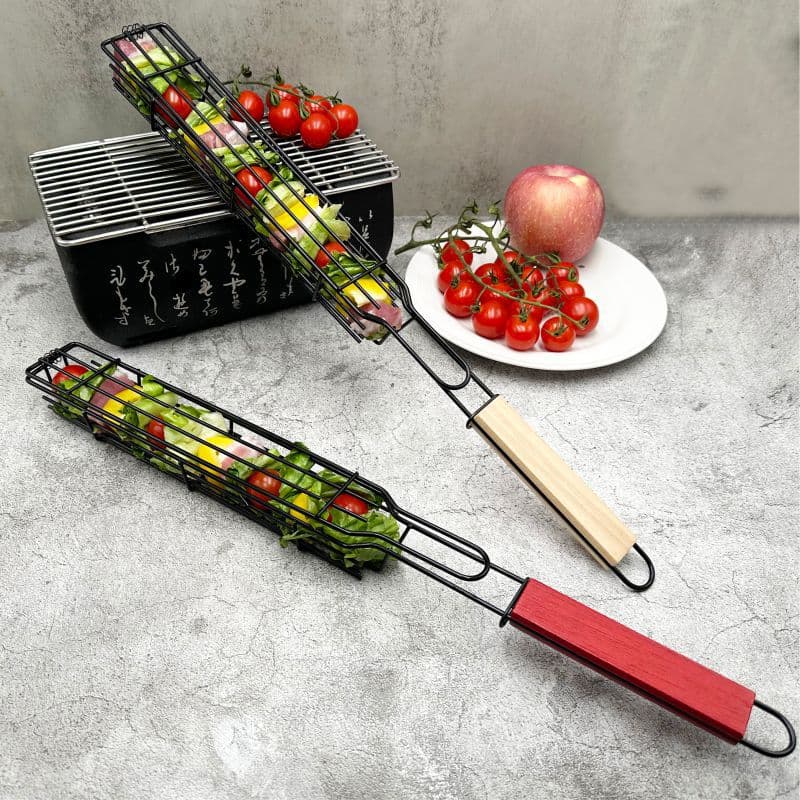 Stainless Steel BBQ Grill Mesh Sausage Clamp Iron Art Baking Net Wood Handle BBQ Accessories Grill Rack Home Living Products