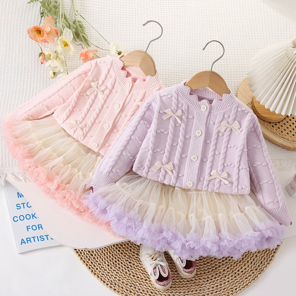 Girls' Sweater Cardigan Baby Girl's New Knitted Top Mesh Puff Dress Stylish Fashion Sweater Dress Korean Style