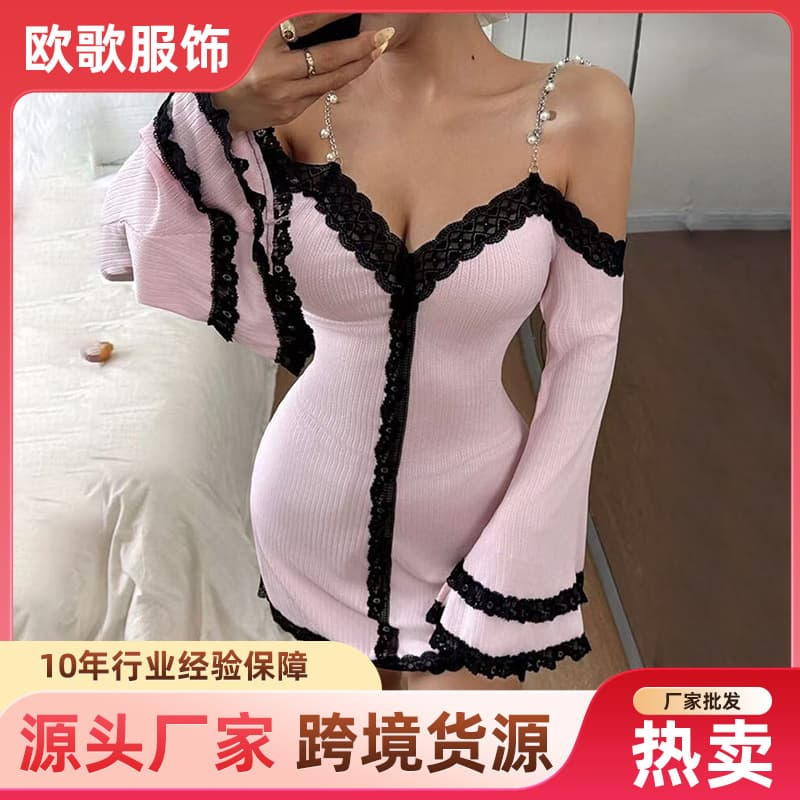 New Cross-Border European and American Pearl Strap Bodycon Dress Sexy Fitted Lace Backless Flared Sleeve Women's Clothing