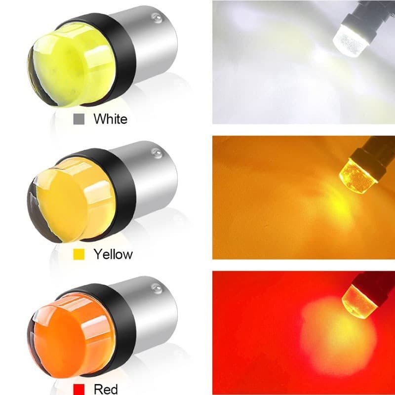 LED reversing lights for cars (1156 COB 12SMD), turn signals (1157), brake lights, and motorcycle taillights.