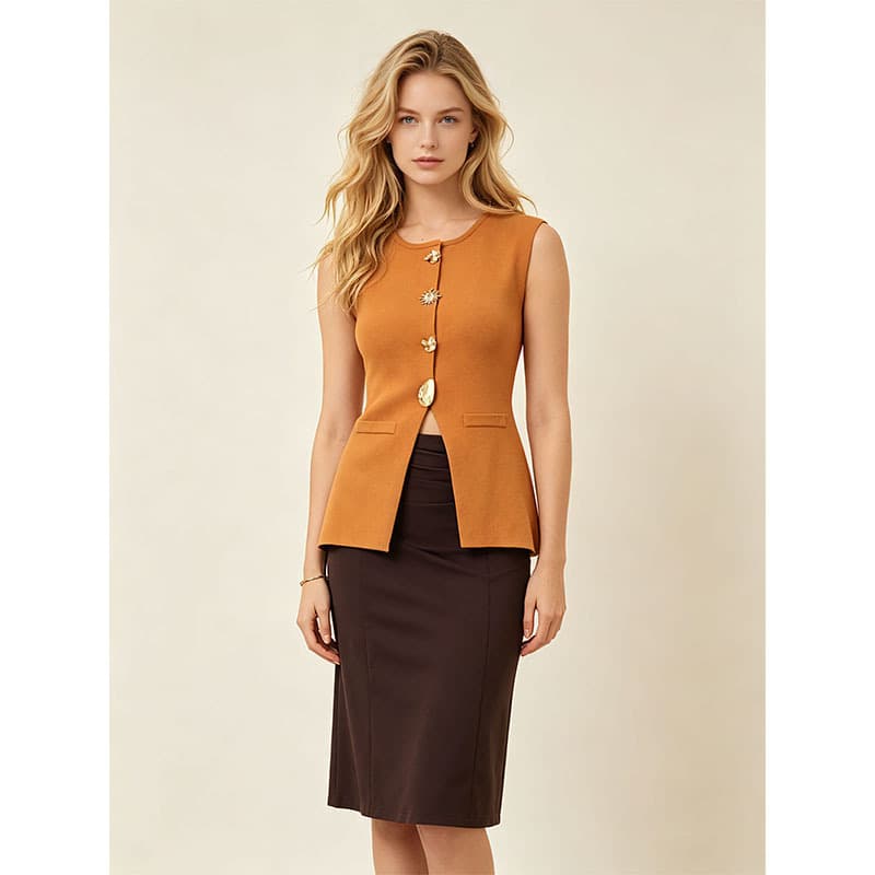 Cross-Season Waist-Nipped Knit Vest for Women New Style Metal Button Sleeveless Round Neck Top Source Factory Wholesale