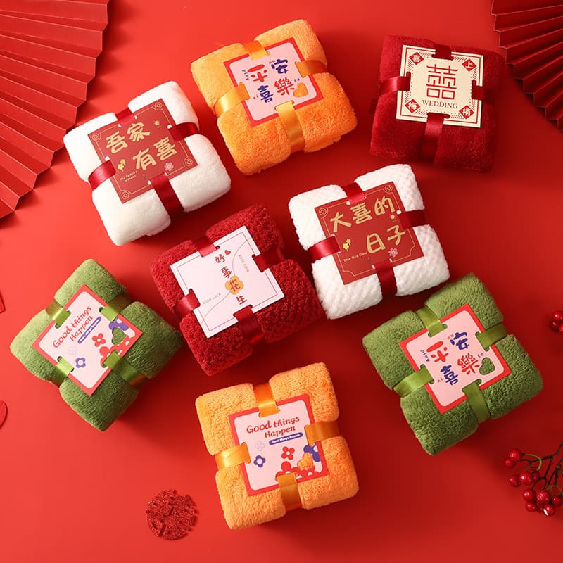 Coral Fleece Red Towel for Wedding Candy Shop Favors, Festival Gifts, Corporate Bulk Purchase Souvenir Towel with Logo