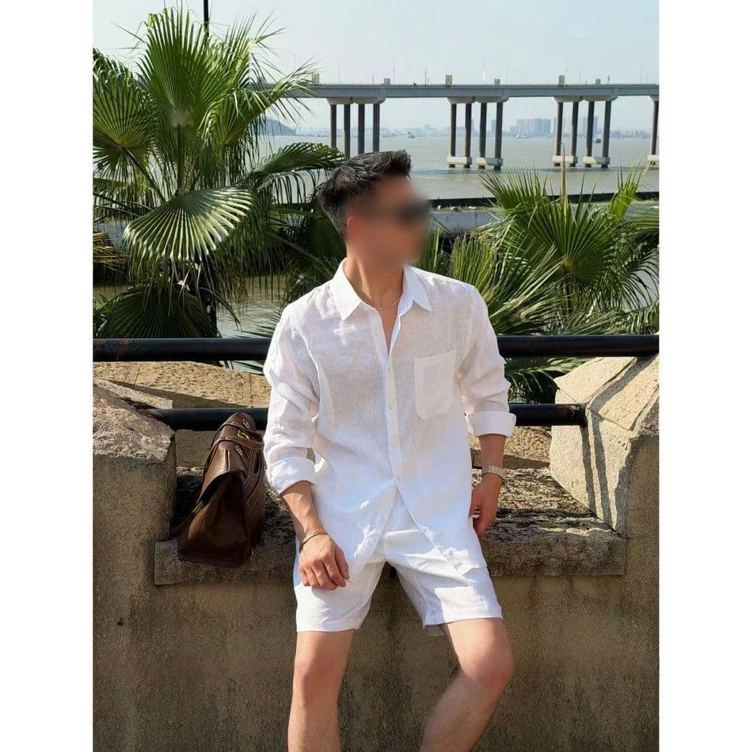 Men's Simple Casual Versatile Old Money Style Breathable Linen Shirt and Shorts Fashion Set