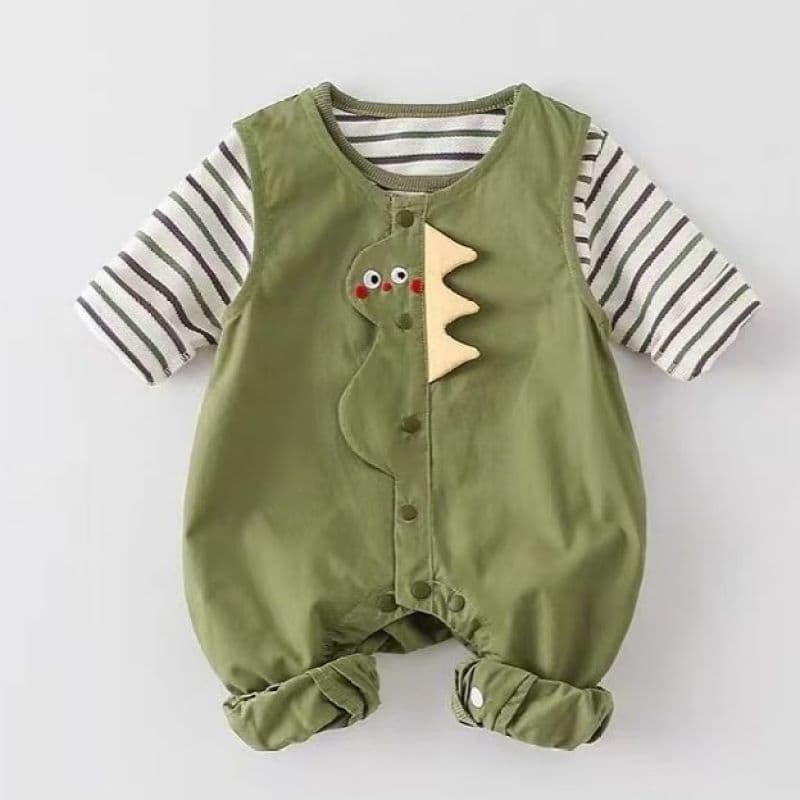 Baby spring and autumn clothes cartoon cute little dinosaur overalls suit baby boy long-sleeved two-piece outing suit
