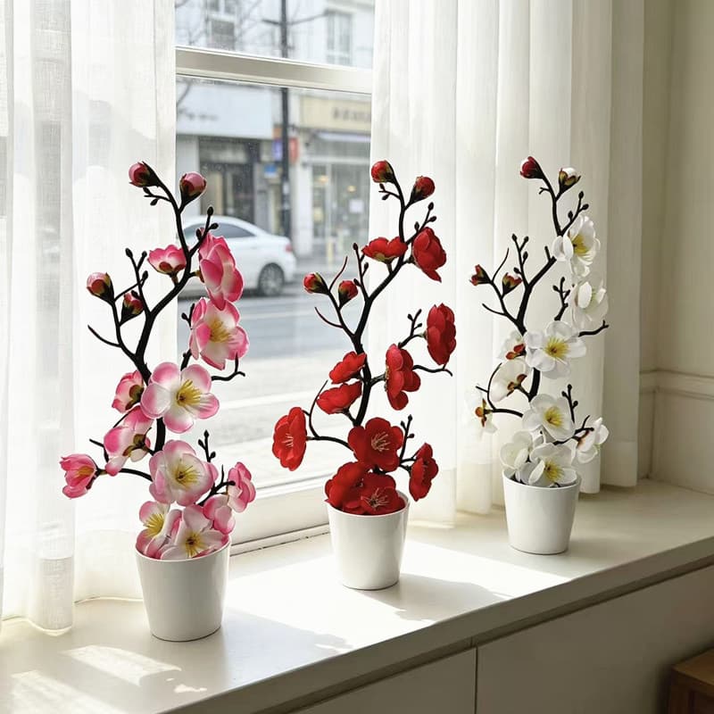 Cross-border round pot plum blossom simulation potted Chinese-style home study decoration wintersweet bonsai photography photography fake flower ornaments
