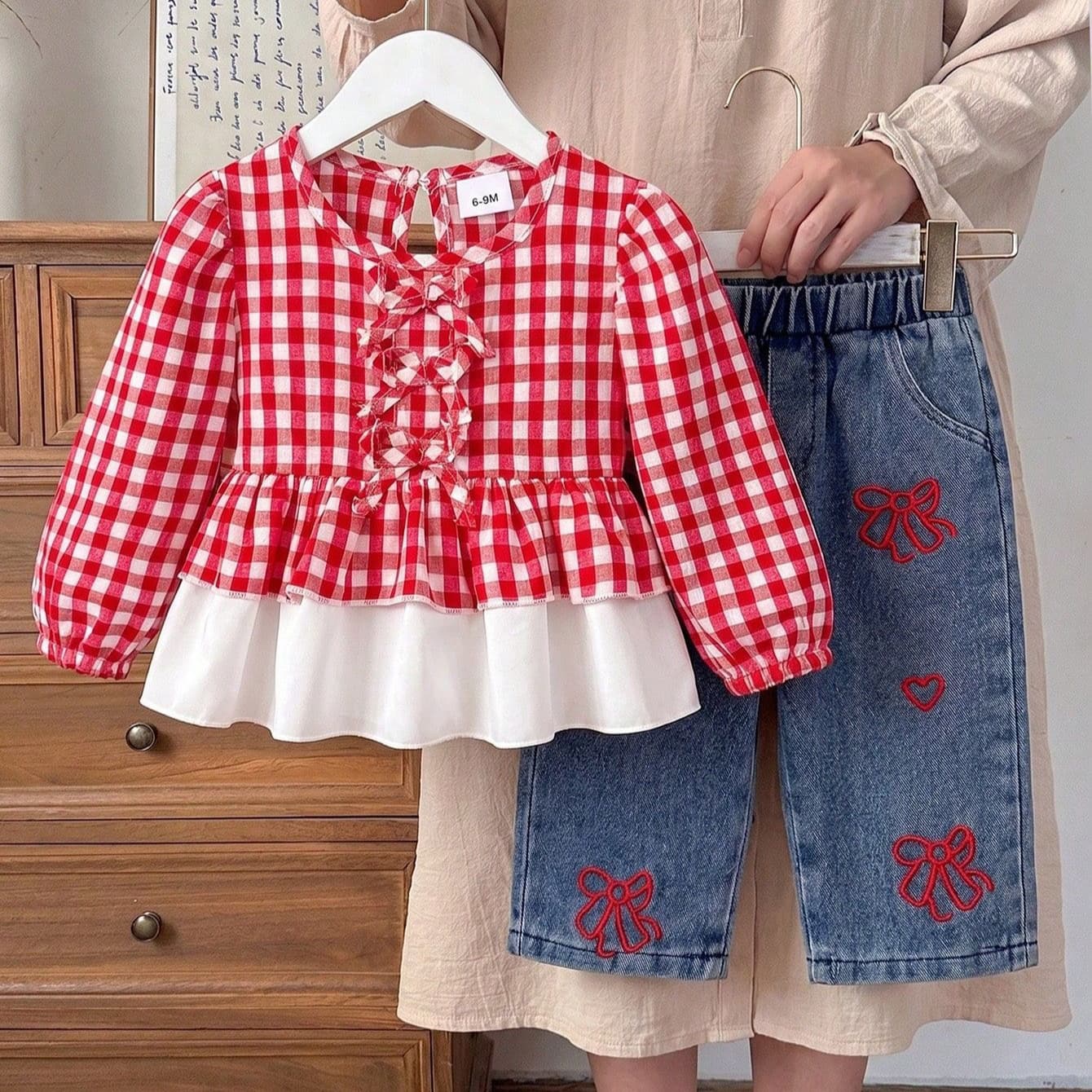 Yunbo Beibei Kids Autumn/Winter Striped Bow Top with Heart Embroidery Denim Pants Baby Toddler Set