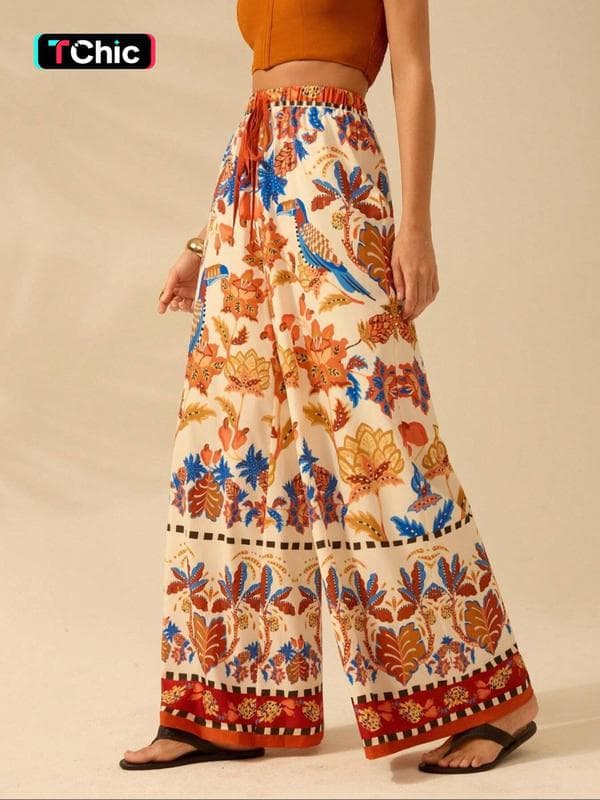 Women's Plants Print Wide Leg Pants Boho Casual Vacation