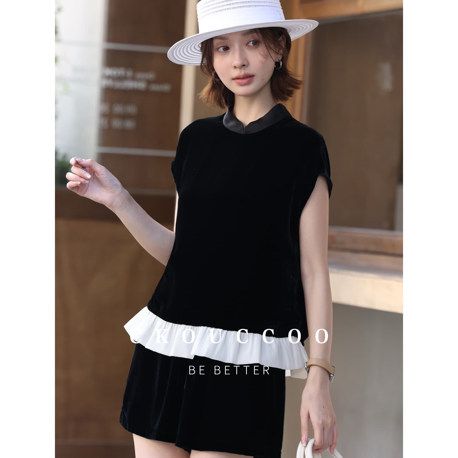 Rongtai French Youthful Contrast Patchwork Mulberry Silk Velvet Blouse Women Stand Collar Lace Hem Fashion Silk Top