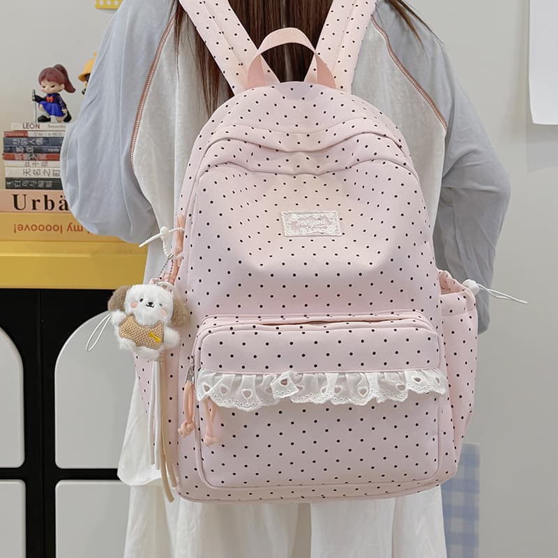 Korean Style 2026 Design Lace Elementary School Backpack for Girls Cute Polka Dot Versatile Double Shoulder Bag New Lightweight Backpack