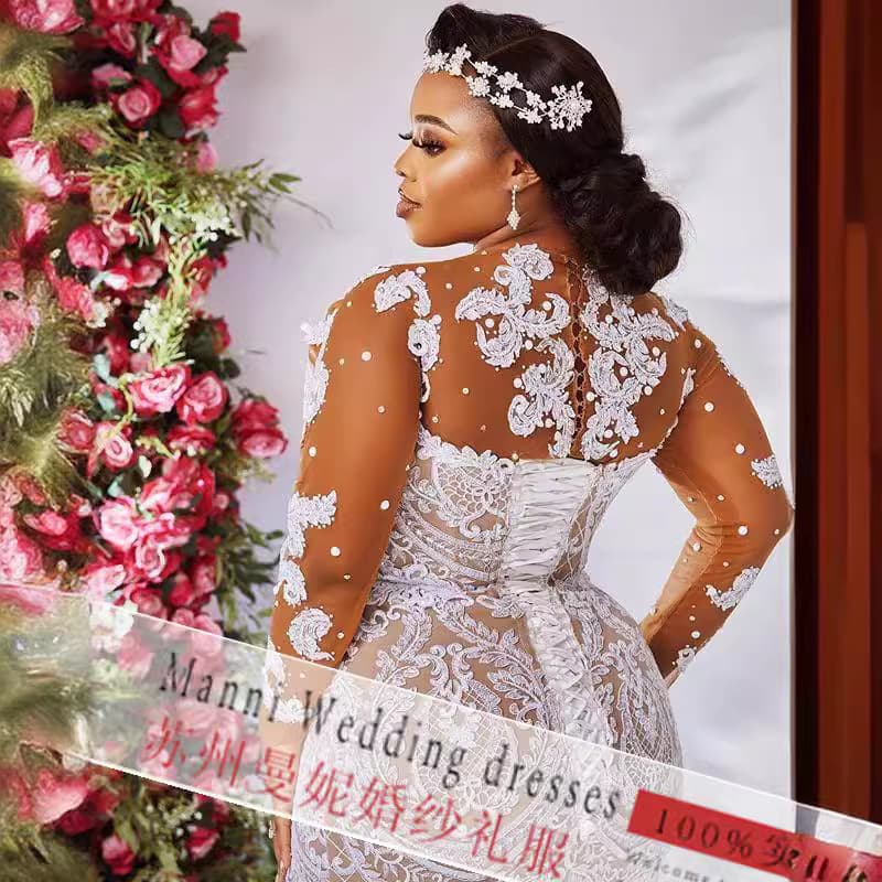 2025 Amazon New Foreign Trade Wedding Dress African Cross-Border Bride Long Sleeve Lace Mermaid
