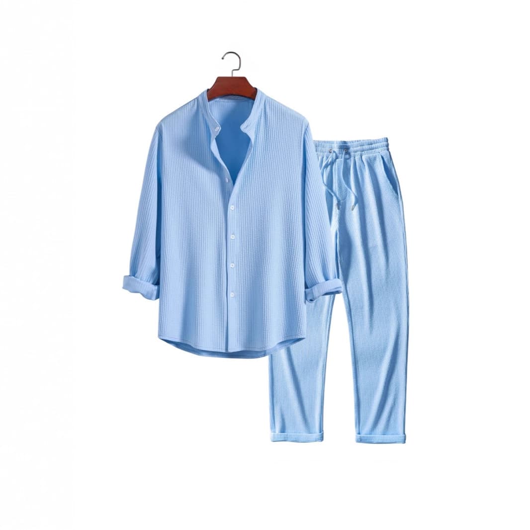 European and American foreign trade Amazon men's casual loose multi-color beach pit strip embroidered long-sleeved suit trousers two-piece set