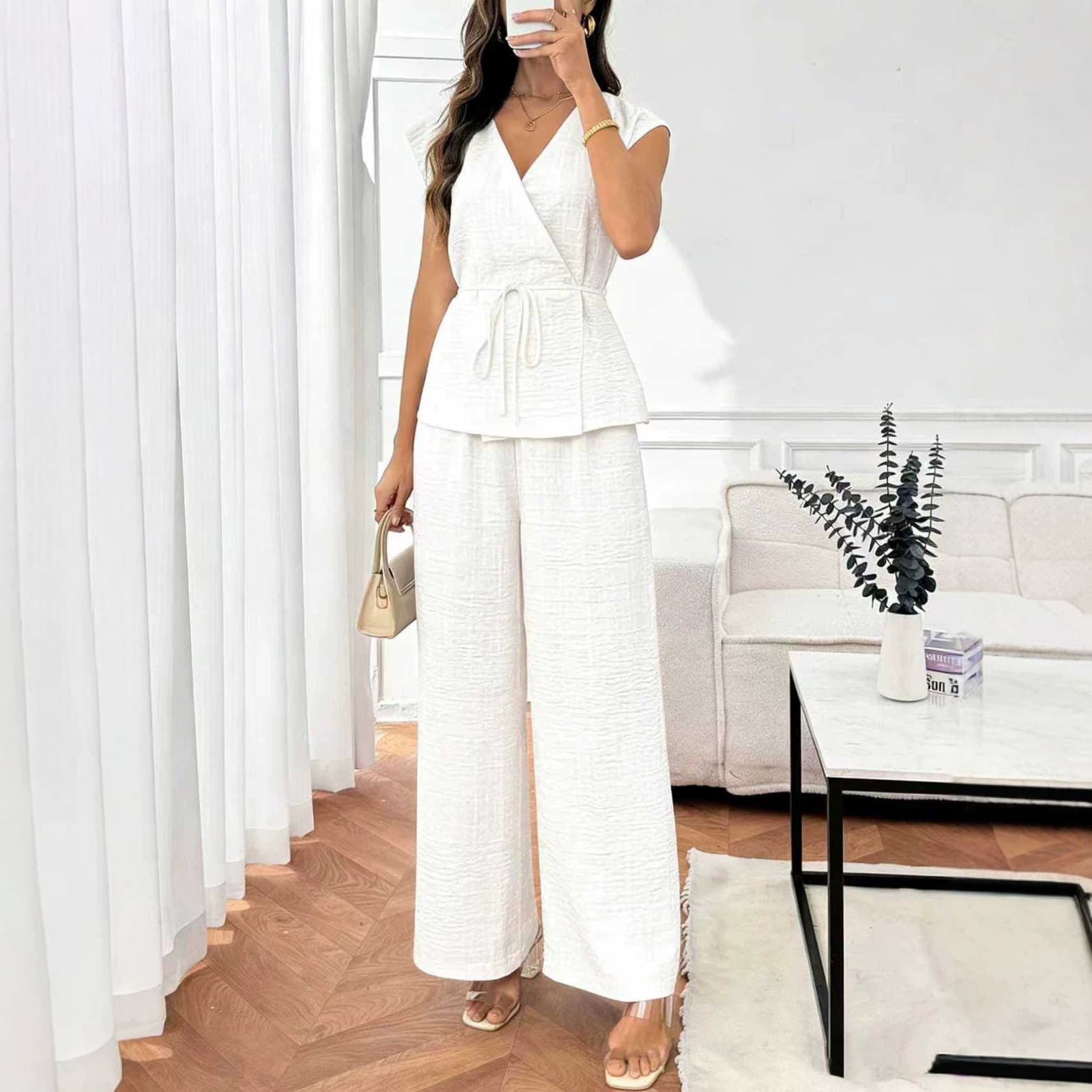 2026 Summer New V-Neck Top Wide Leg Pants Two-Piece Set European and American Women's Fashion TK Independent Site Hot Style Set