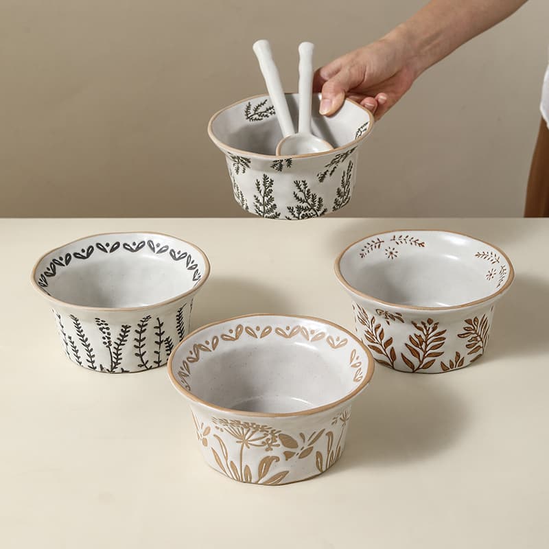 Embossed Floral Rice Bowl Japanese Style Stoneware Hat Bowl Home Fruit Salad Bowl Dessert Yogurt Bowl Breakfast Oatmeal Bowl