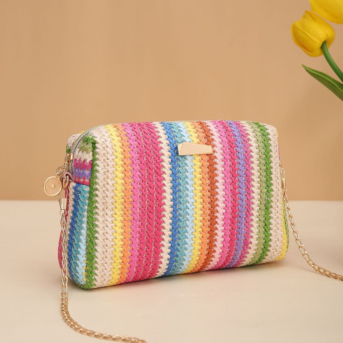Rainbow Straw Woven Bag 2025 Handbags Woven Camera Bag Versatile Women's Crossbody Chain Bag
