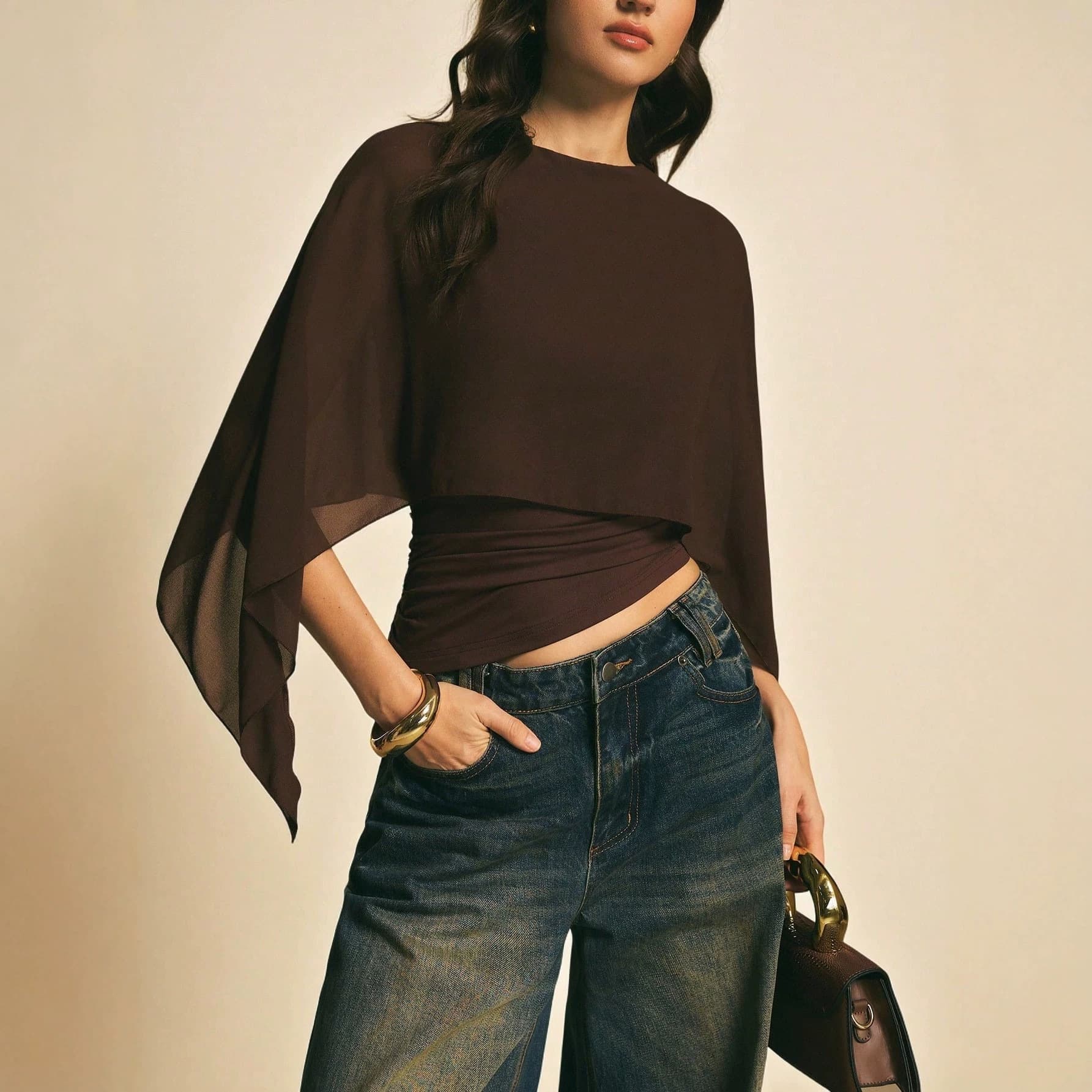 2026 Spring Solid Color Spun Cape Sleeve Top Women's Round Neck Loose Blouse Slim Fit Fake Two Irregular T-Shirts