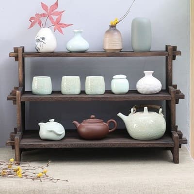 Desktop Storage Rack Tea Shelf Cup Holder Solid Wood Curio Shelf Tea Display Rack Organizer Teapot Cup Tray Coaster Multi-Grid