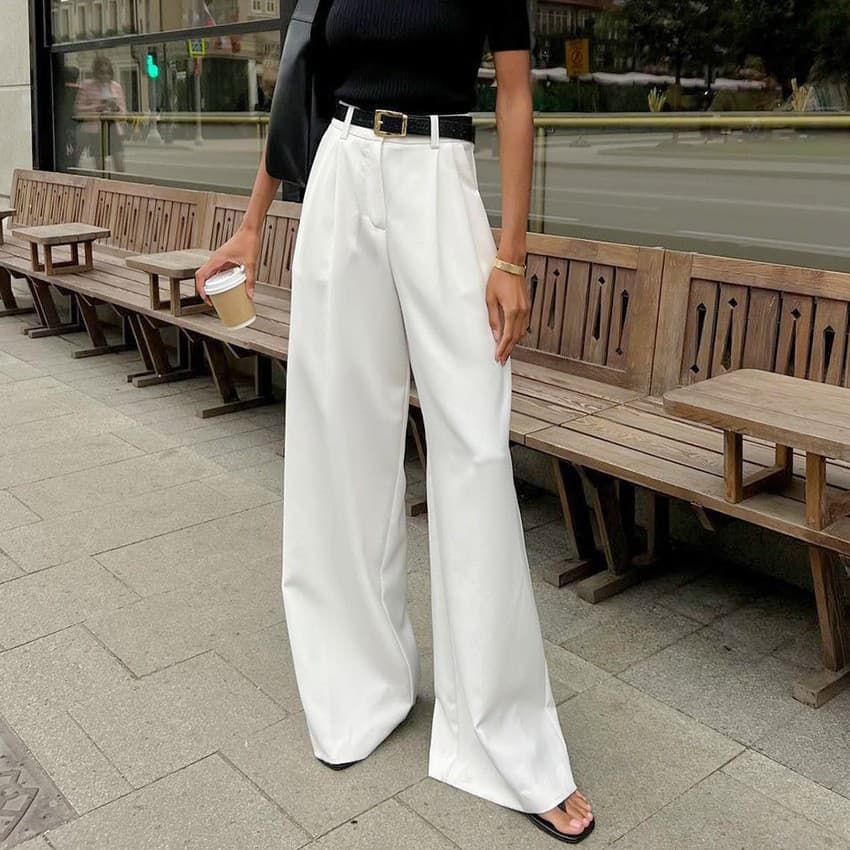 European and American cross-border white commuter style suit pants for women, fashionable and versatile high-waisted casual pants, loose and simple floor-length trousers