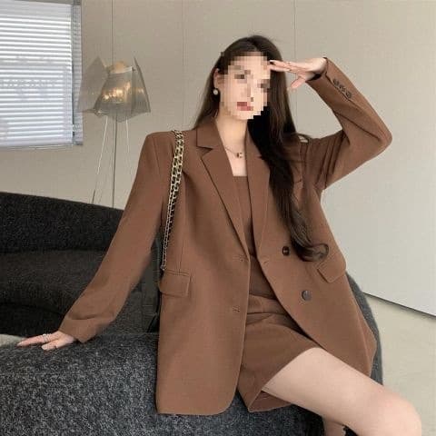 Autumn/Winter Brown Suit Jacket for Women, Loose Fit, Paired with a Slimming Slip Dress - A Chic and Mature Two-Piece Set