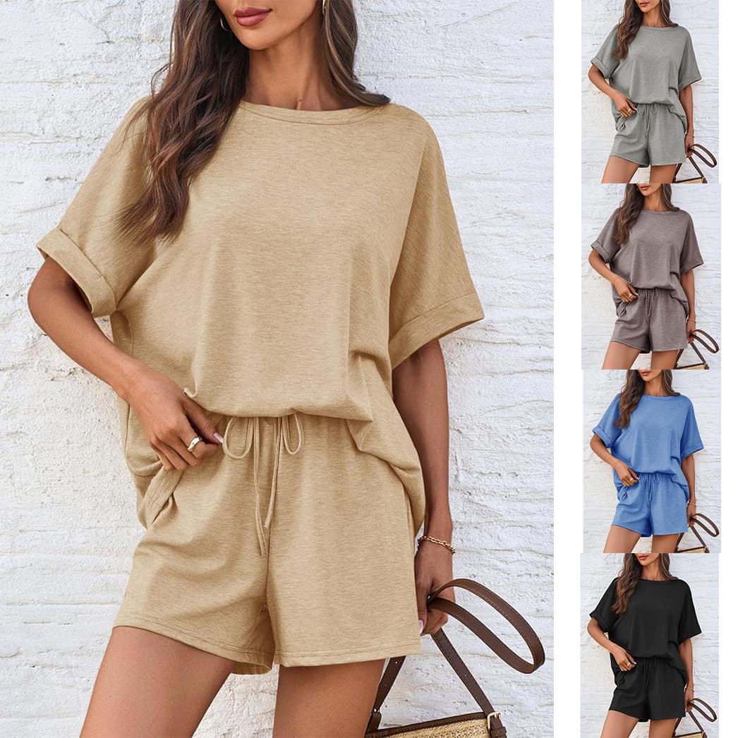2026 Amazon Summer Bestseller Casual Set Batwing Sleeve T-Shirt Drawstring Shorts Casual Sportswear