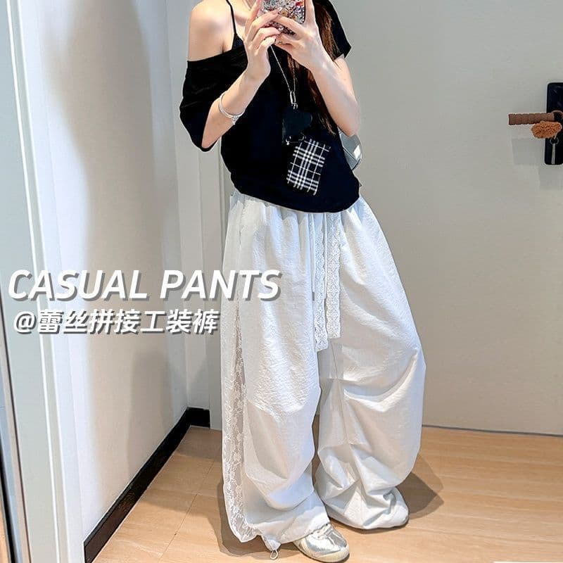 Lace Patchwork Cargo Pants 2025 Summer New Thin Women's Hollow Street Dance Pants White Loose Wide Leg Long Pants
