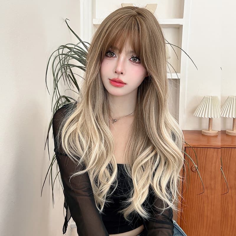Linen Light Brown Gradient Cross-border Light European and American Temperament Long Curly Hair Face-fixing New Full Wig for Women