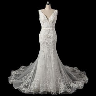 Women's Wedding Dress Double Shoulder V-Neck Grand Train Lace Mermaid Long Dress Exquisite Beaded Tie-Back Tulle Dress Wedding Banquet