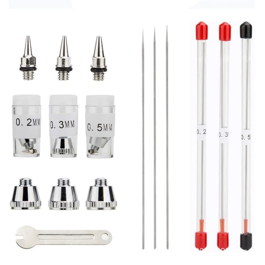 Airbrush accessories: needle, nozzle, cap, dust cover, intake valve connector, air hose, airbrush 0.2, 0.3, 0.5