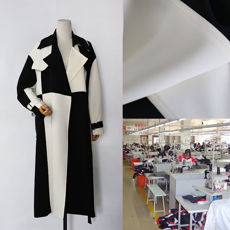 Custom-made Hepburn-style black and white color-blocked trench coat; high-end color-blocked trench coat manufacturer, small-batch production and customization.