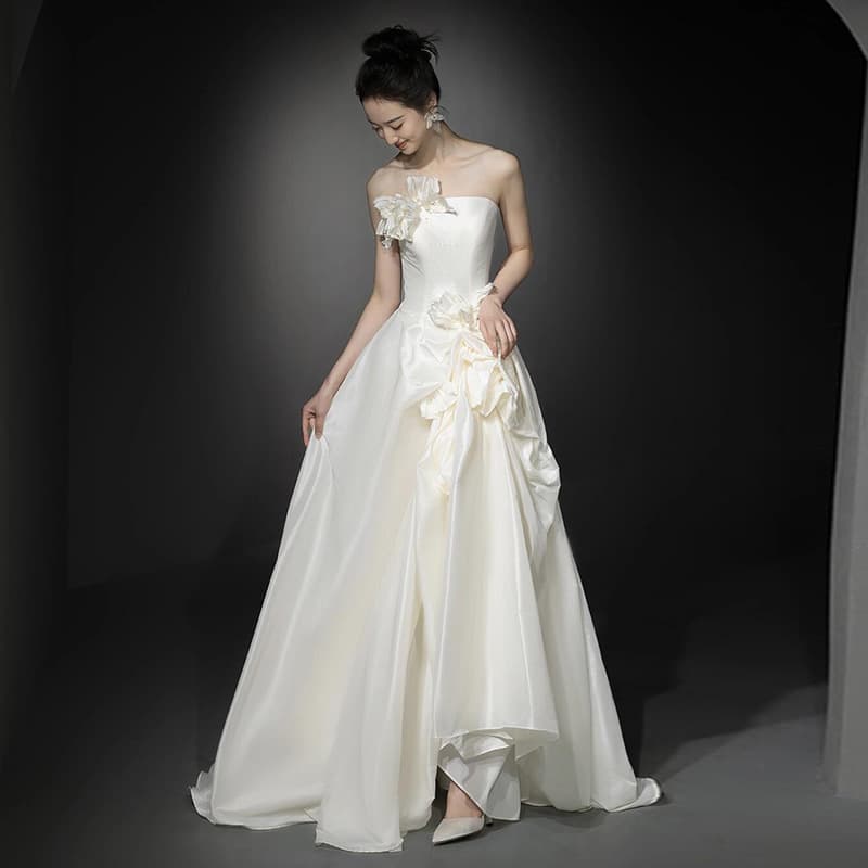 French Satin Light Wedding Dress 2026 Summer New Strapless Floral Dress Forest Outdoor Welcome Travel Photography Going-Away Dress