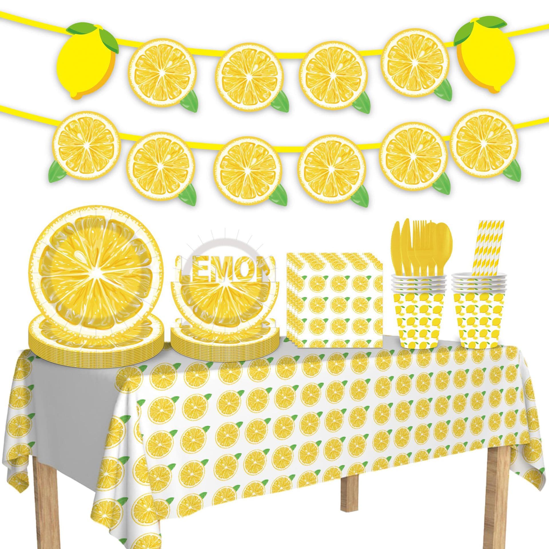 Lemon Theme Party Birthday Celebration Atmosphere Banner Disposable Paper Plates Cups Napkins Tablecloth Set
