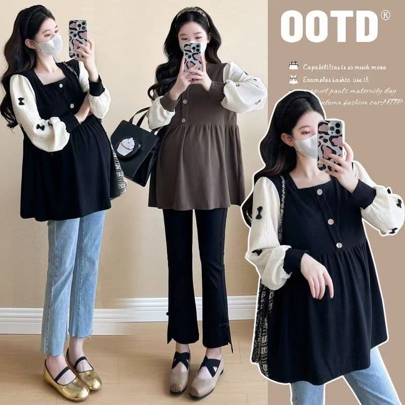 New spring and autumn style maternity square neck color-blocked long-sleeved shirt, loose fit, slimming, belly-concealing, babydoll style, trendy mom-to-wear.